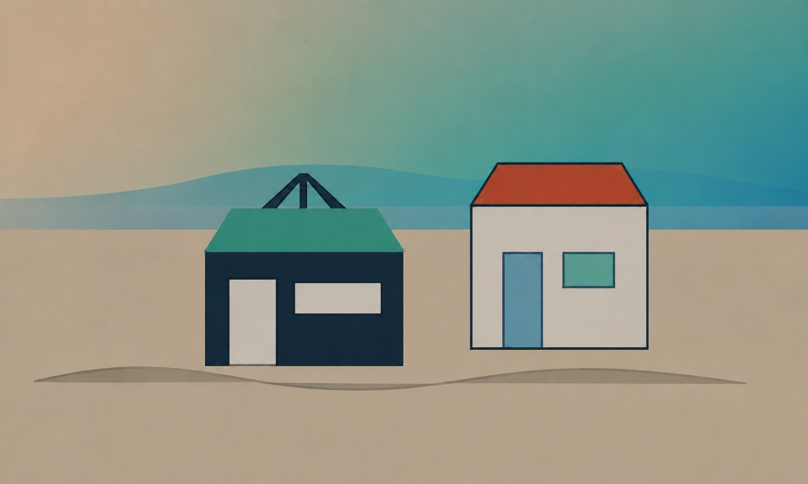Engraved coastal storefronts with a striped awning and palm tree.